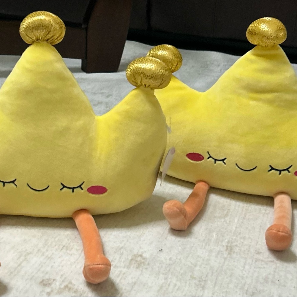 Yellow Crown Plush Pillow Toy with Gold Accents